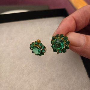 Vintage Green Floral Crystal Screw-Back Earrings